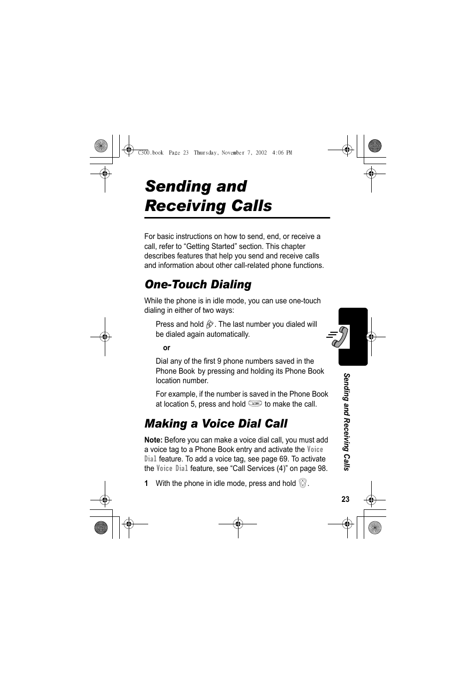 Sending and receiving calls, One-touch dialing, Making a voice dial call | Motorola C300 User Manual | Page 23 / 140