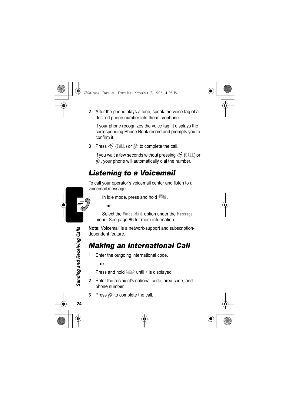 Listening to a voicemail, Making an international call | Motorola C300 User Manual | Page 24 / 140