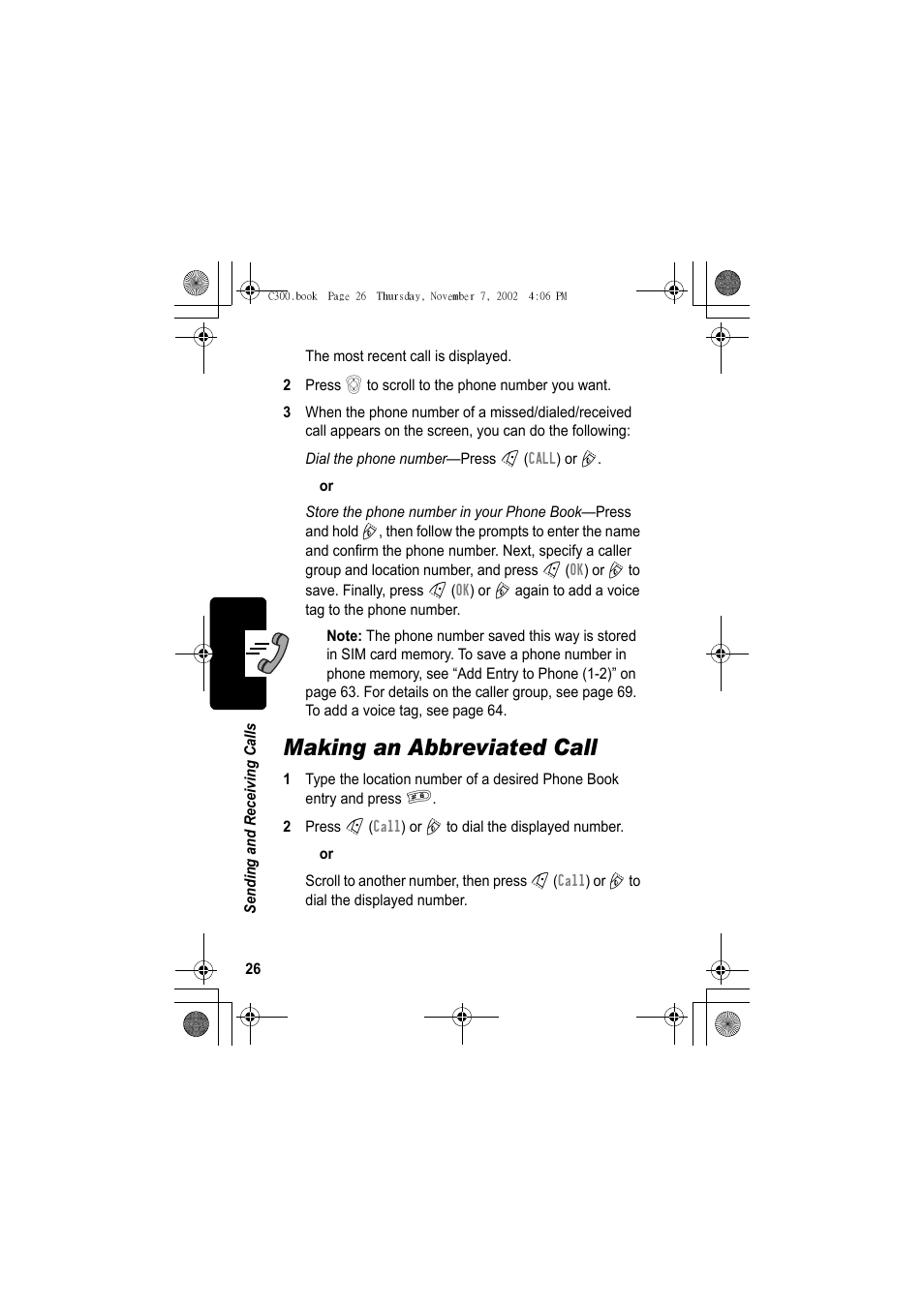 Making an abbreviated call | Motorola C300 User Manual | Page 26 / 140