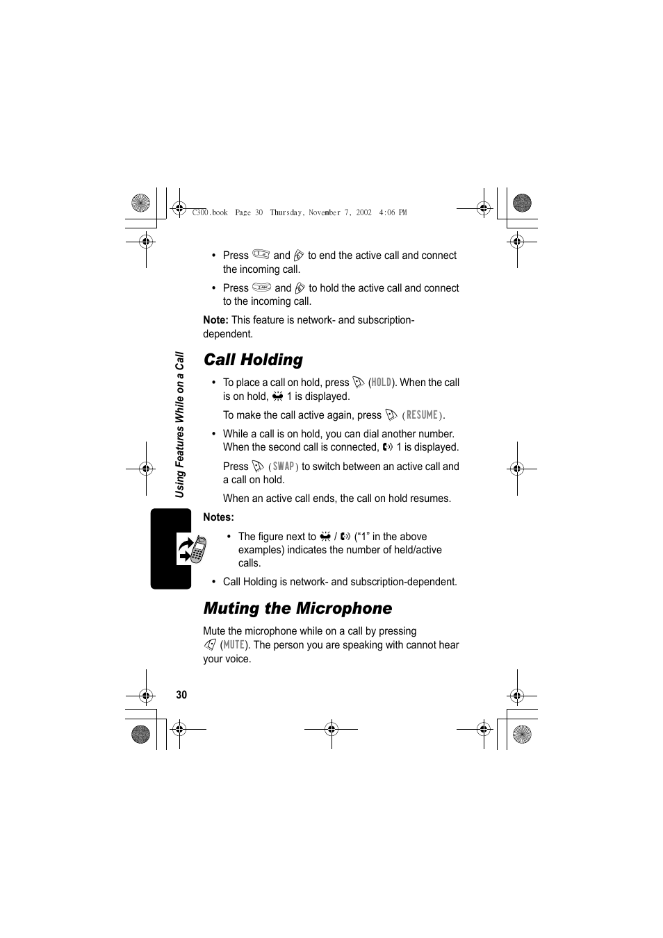 Call holding, Muting the microphone | Motorola C300 User Manual | Page 30 / 140