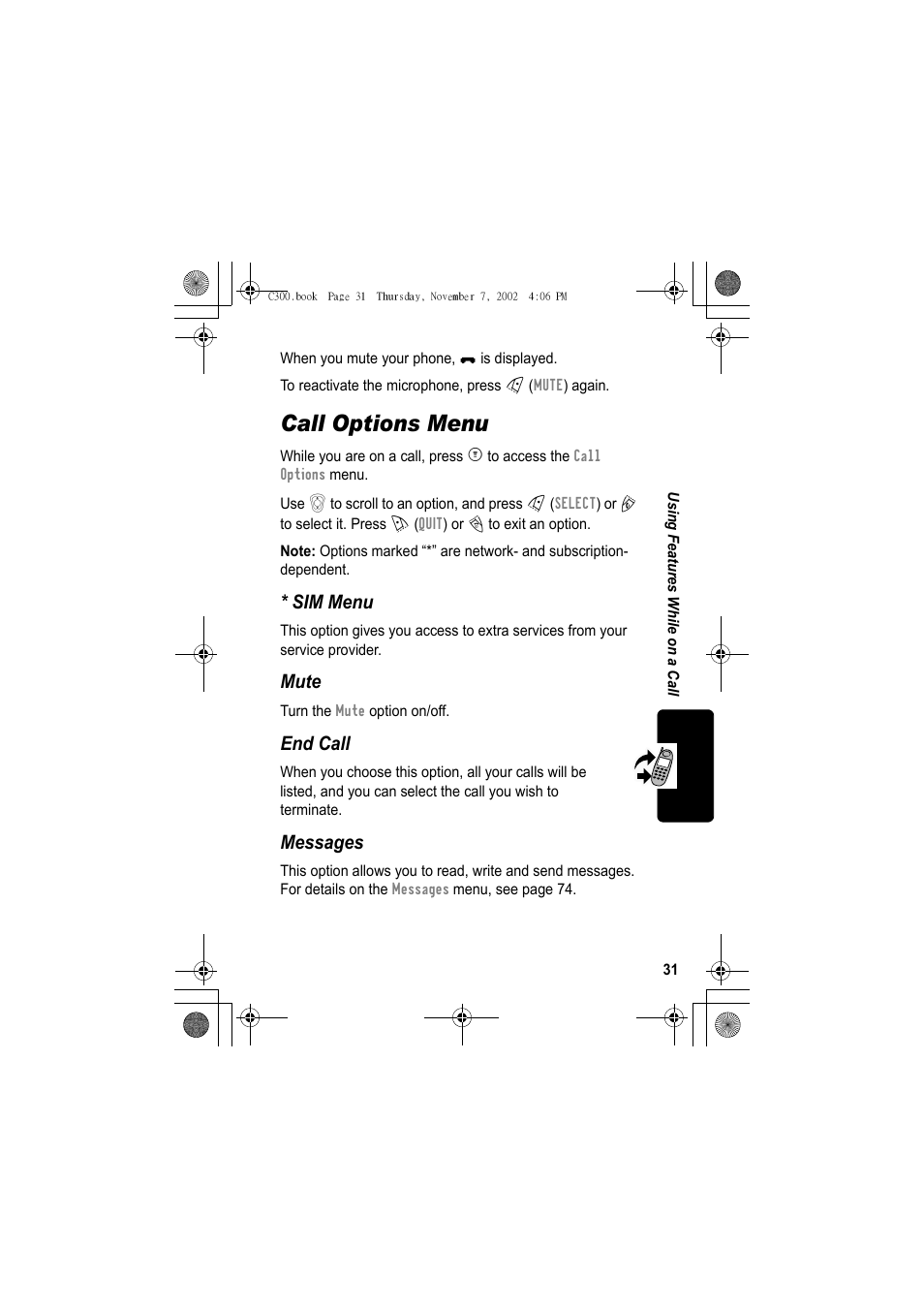 Call options menu, Sim menu, Mute | End call, Messages | Motorola C300 User Manual | Page 31 / 140