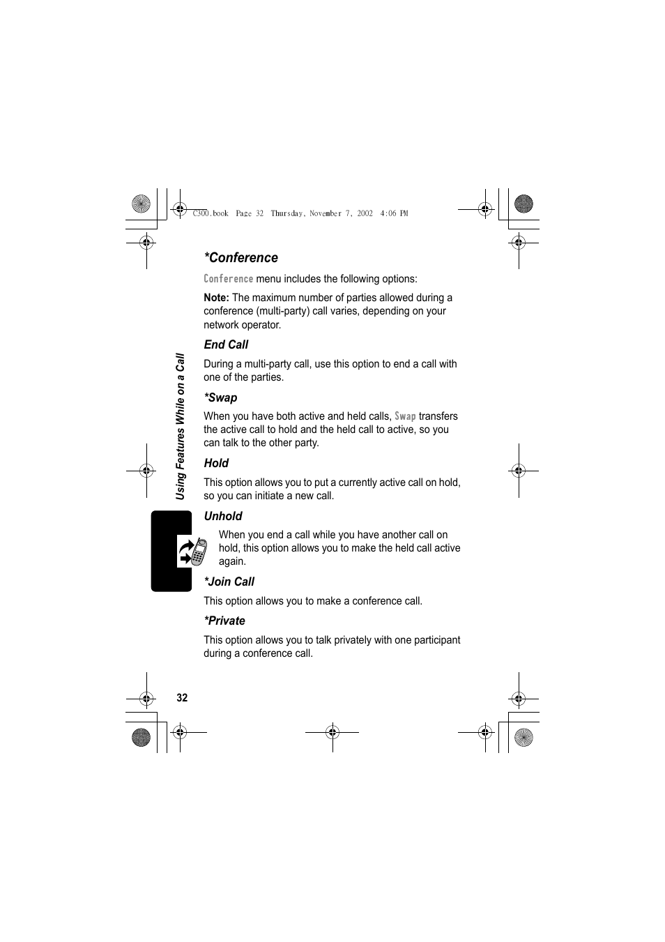 Conference | Motorola C300 User Manual | Page 32 / 140