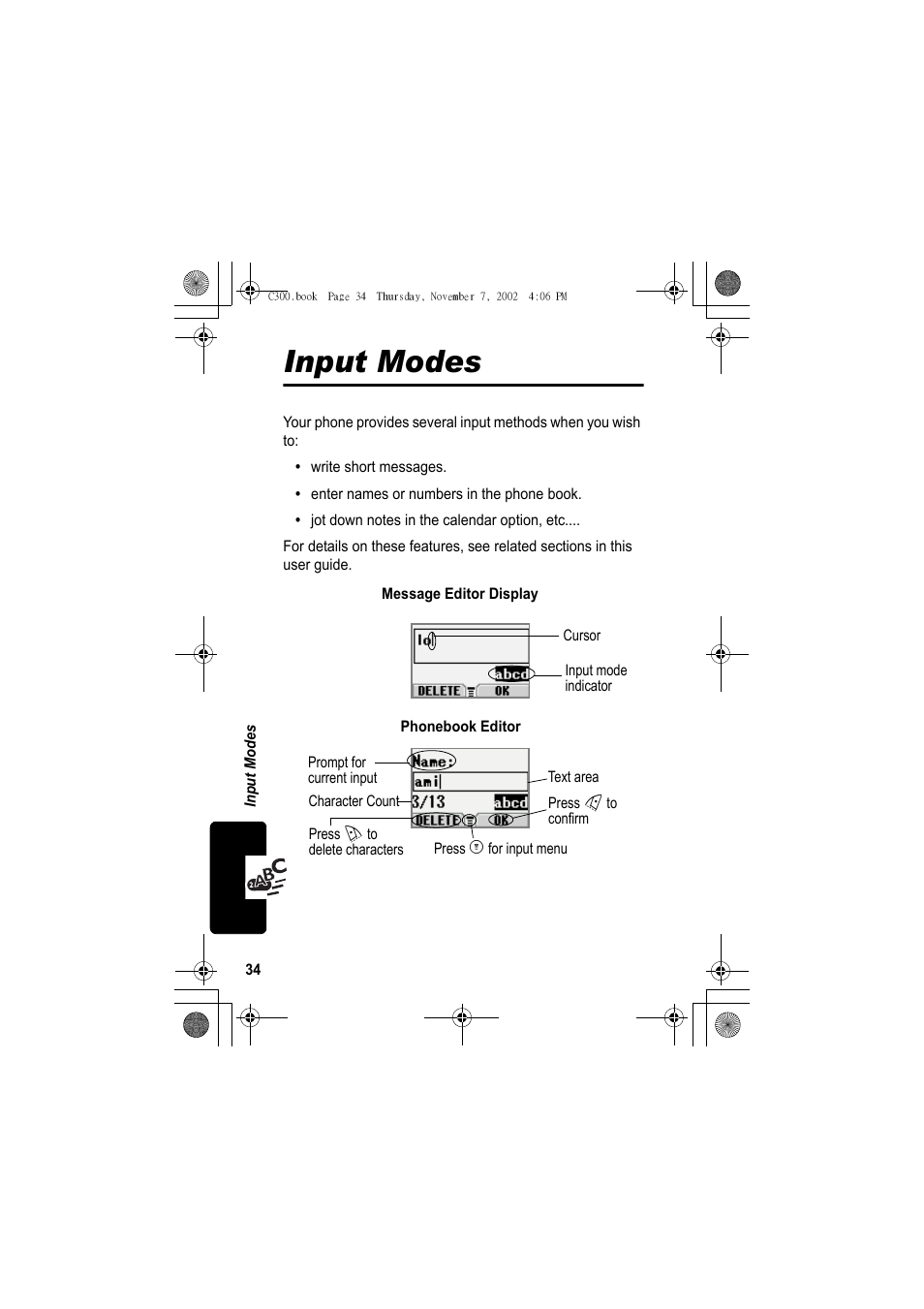 Input modes | Motorola C300 User Manual | Page 34 / 140