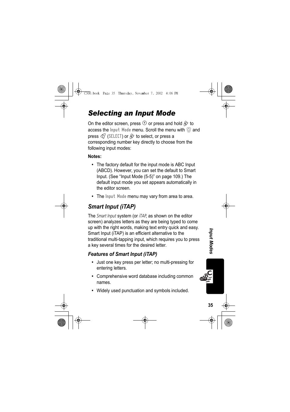 Selecting an input mode, Smart input (itap) | Motorola C300 User Manual | Page 35 / 140