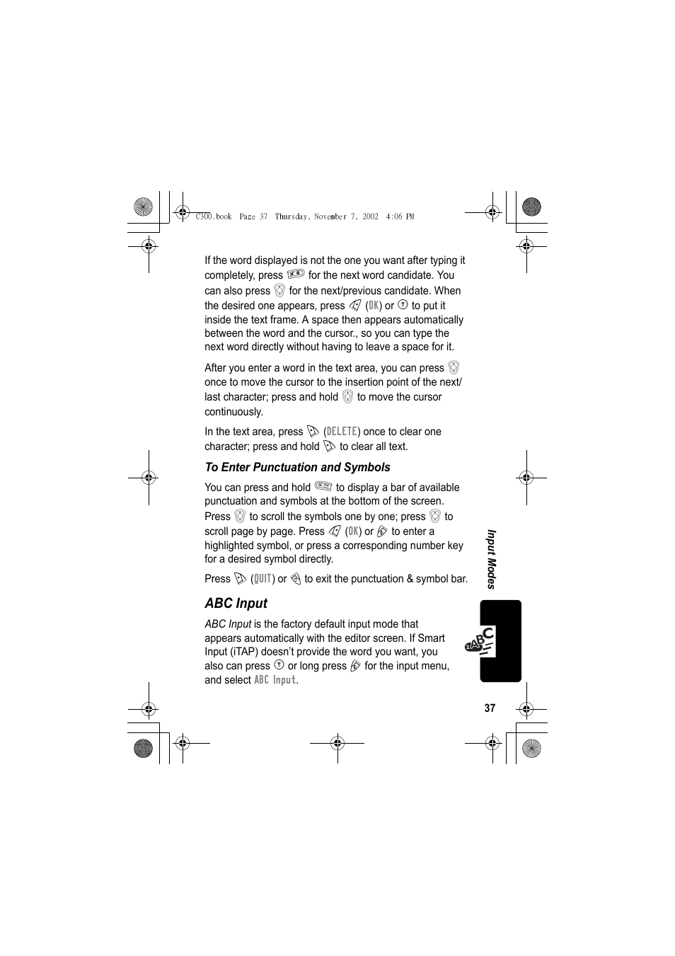 Abc input | Motorola C300 User Manual | Page 37 / 140