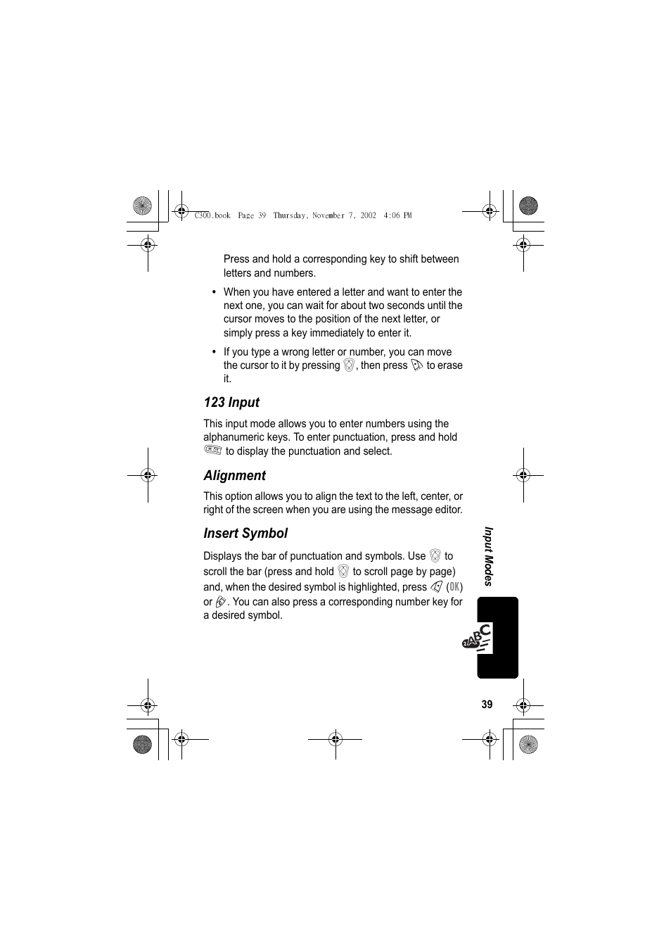 123 input, Alignment, Insert symbol | Motorola C300 User Manual | Page 39 / 140