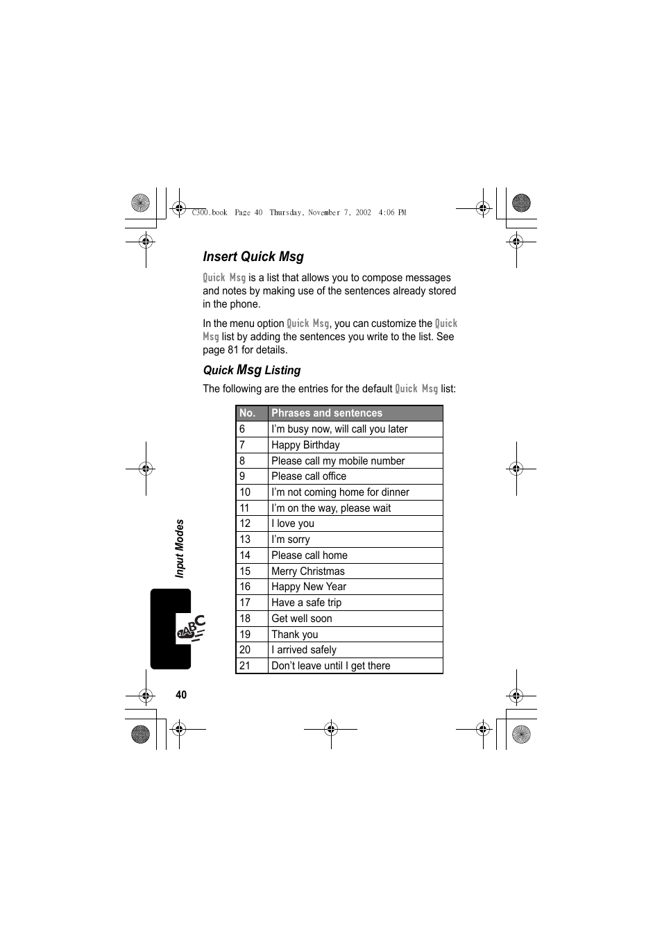 Insert quick msg | Motorola C300 User Manual | Page 40 / 140