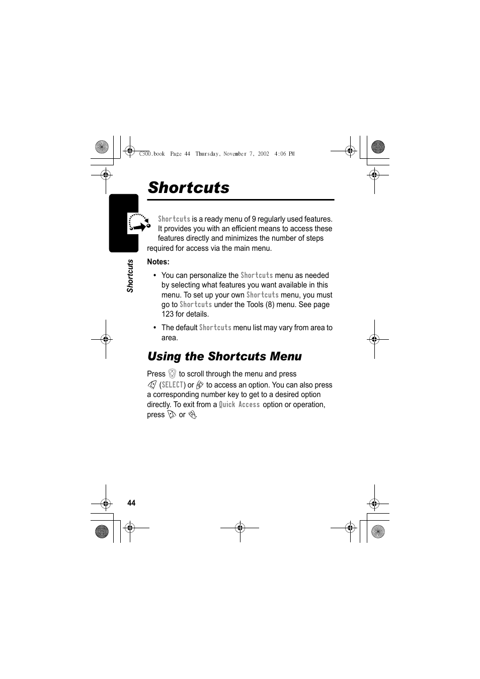 Shortcuts, Using the shortcuts menu | Motorola C300 User Manual | Page 44 / 140