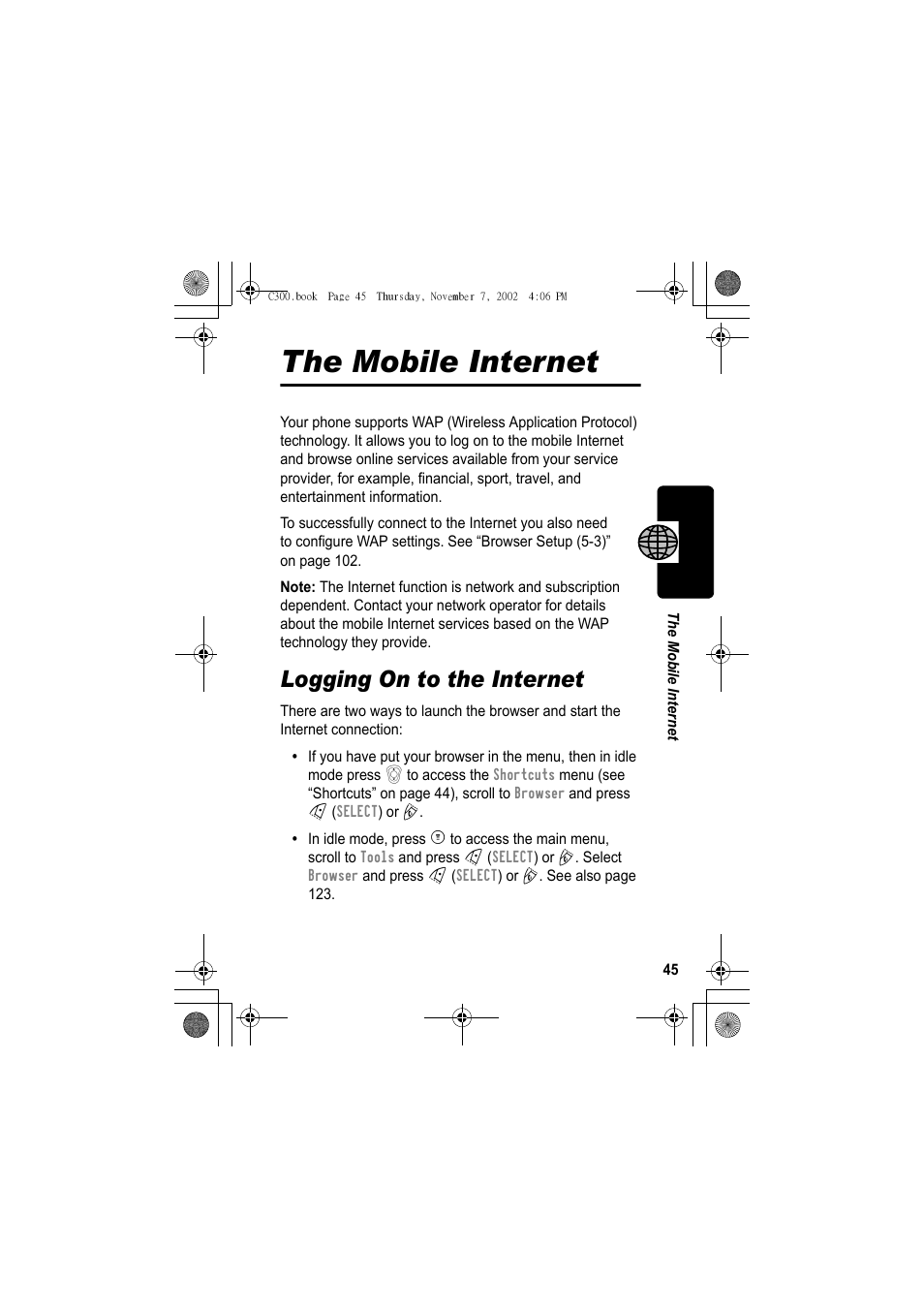 The mobile internet, Logging on to the internet | Motorola C300 User Manual | Page 45 / 140