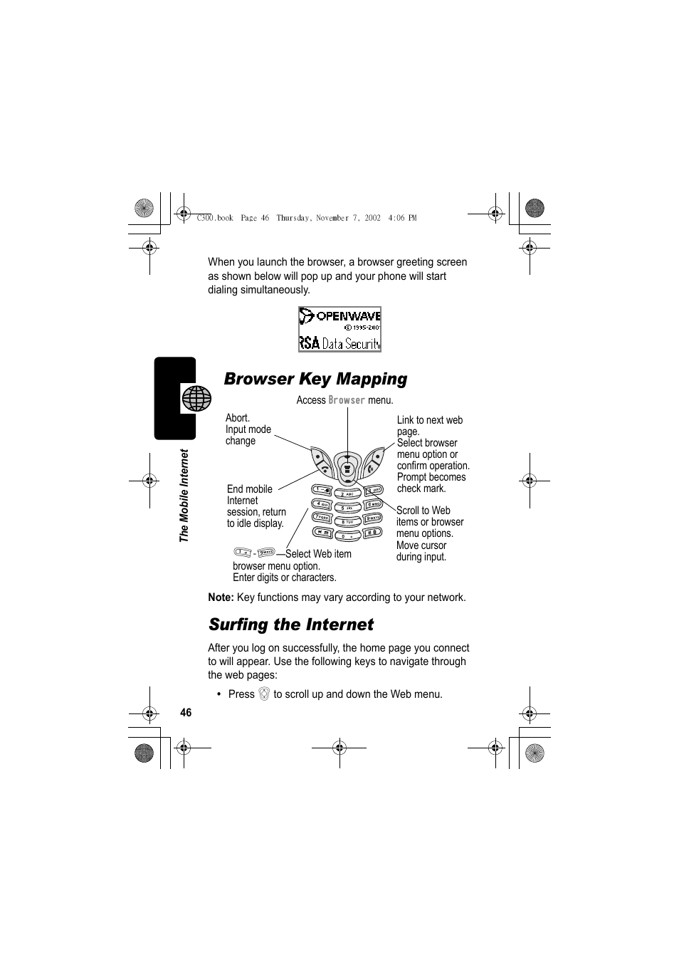 Browser key mapping, Surfing the internet | Motorola C300 User Manual | Page 46 / 140