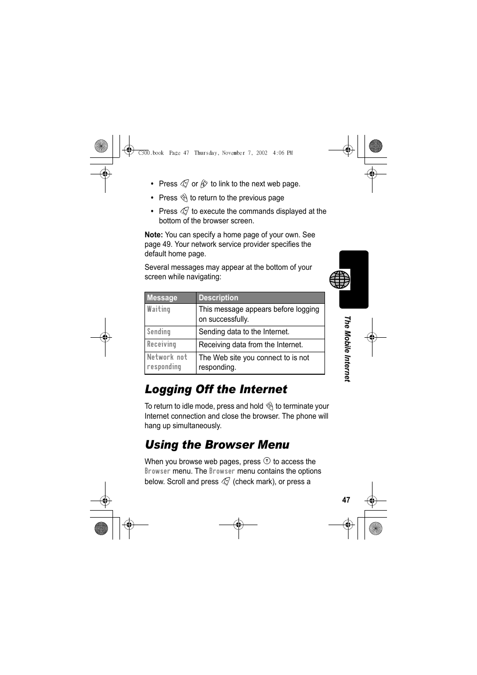 Logging off the internet, Using the browser menu | Motorola C300 User Manual | Page 47 / 140