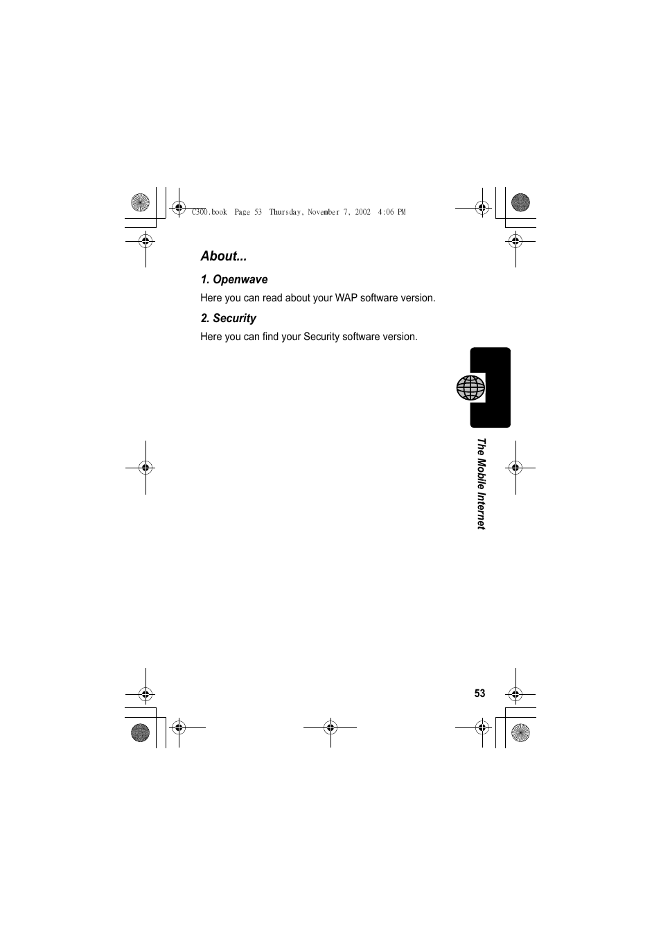 About | Motorola C300 User Manual | Page 53 / 140