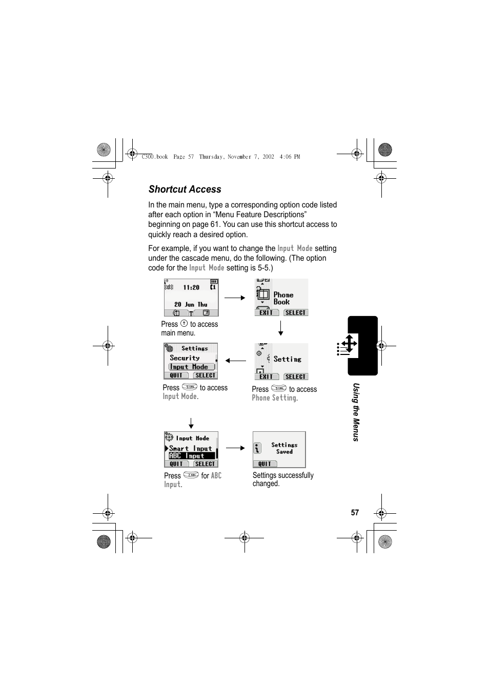 Shortcut access | Motorola C300 User Manual | Page 57 / 140