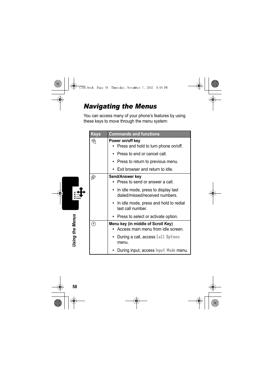 Navigating the menus | Motorola C300 User Manual | Page 58 / 140