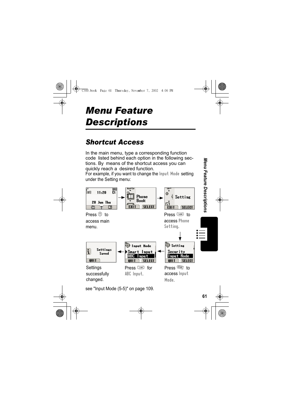 Menu feature descriptions, Shortcut access | Motorola C300 User Manual | Page 61 / 140