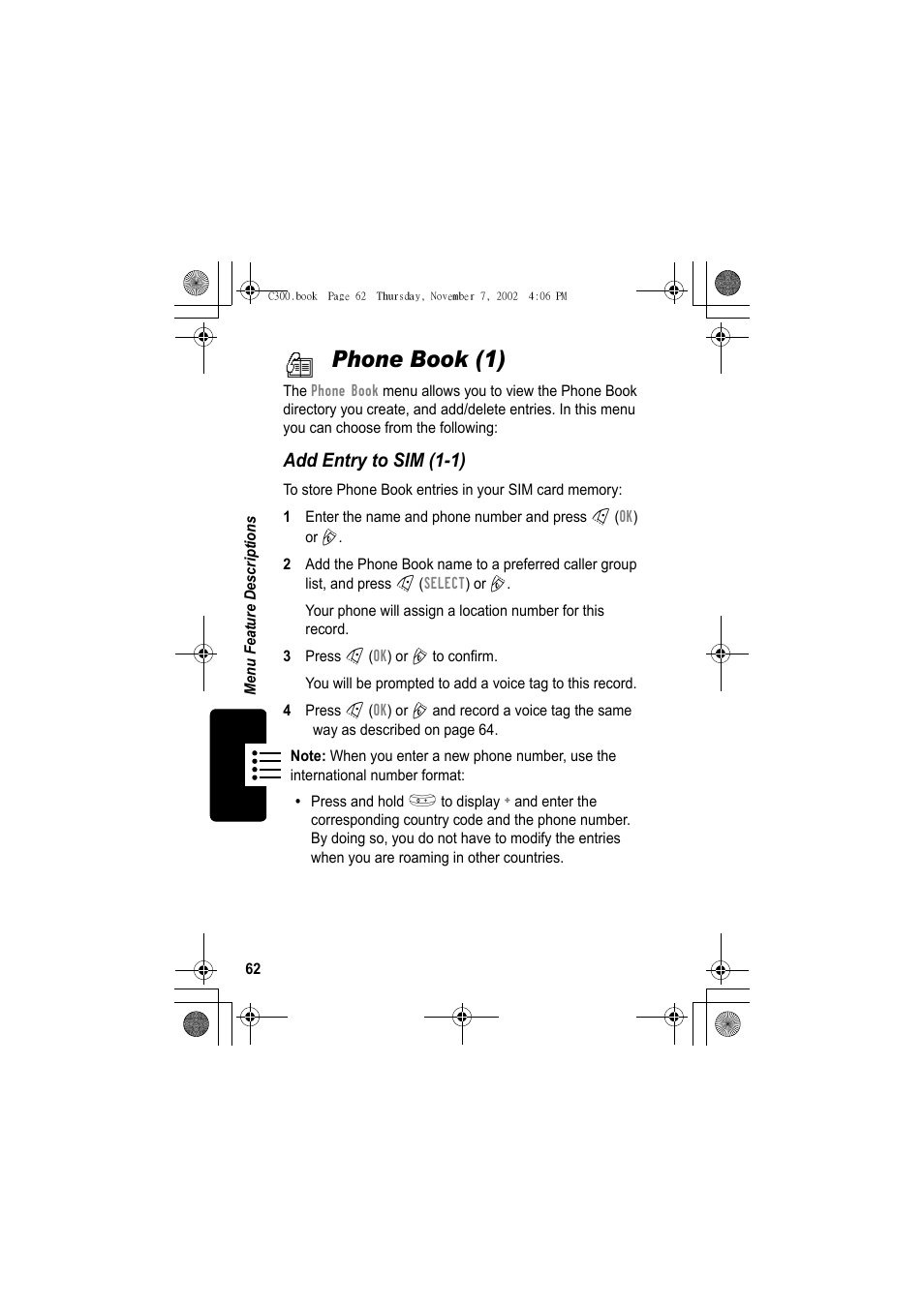 Phone book (1), Add entry to sim (1-1) | Motorola C300 User Manual | Page 62 / 140