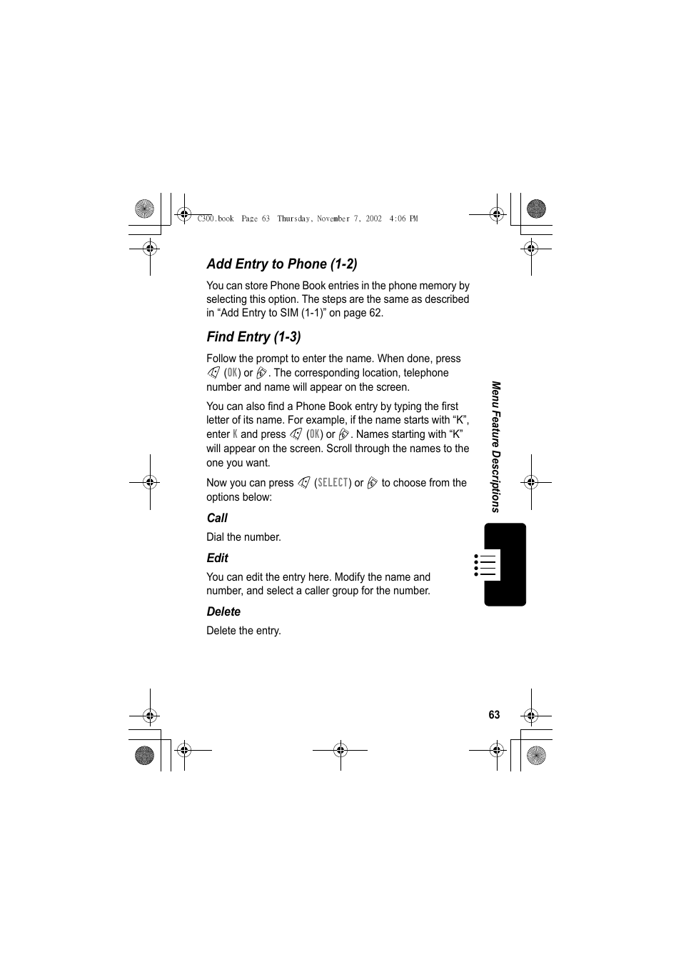 Add entry to phone (1-2), Find entry (1-3) | Motorola C300 User Manual | Page 63 / 140