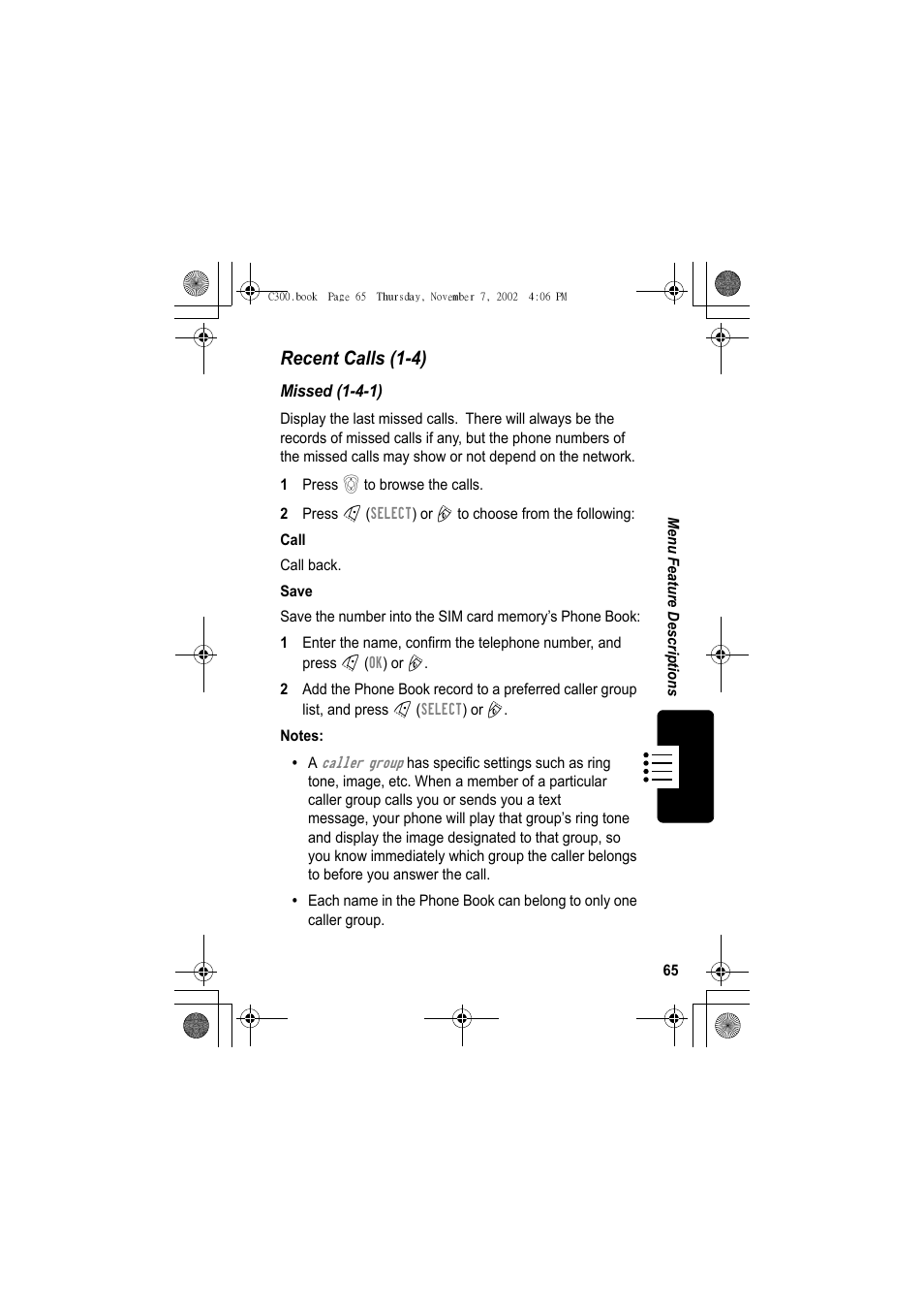 Recent calls (1-4) | Motorola C300 User Manual | Page 65 / 140