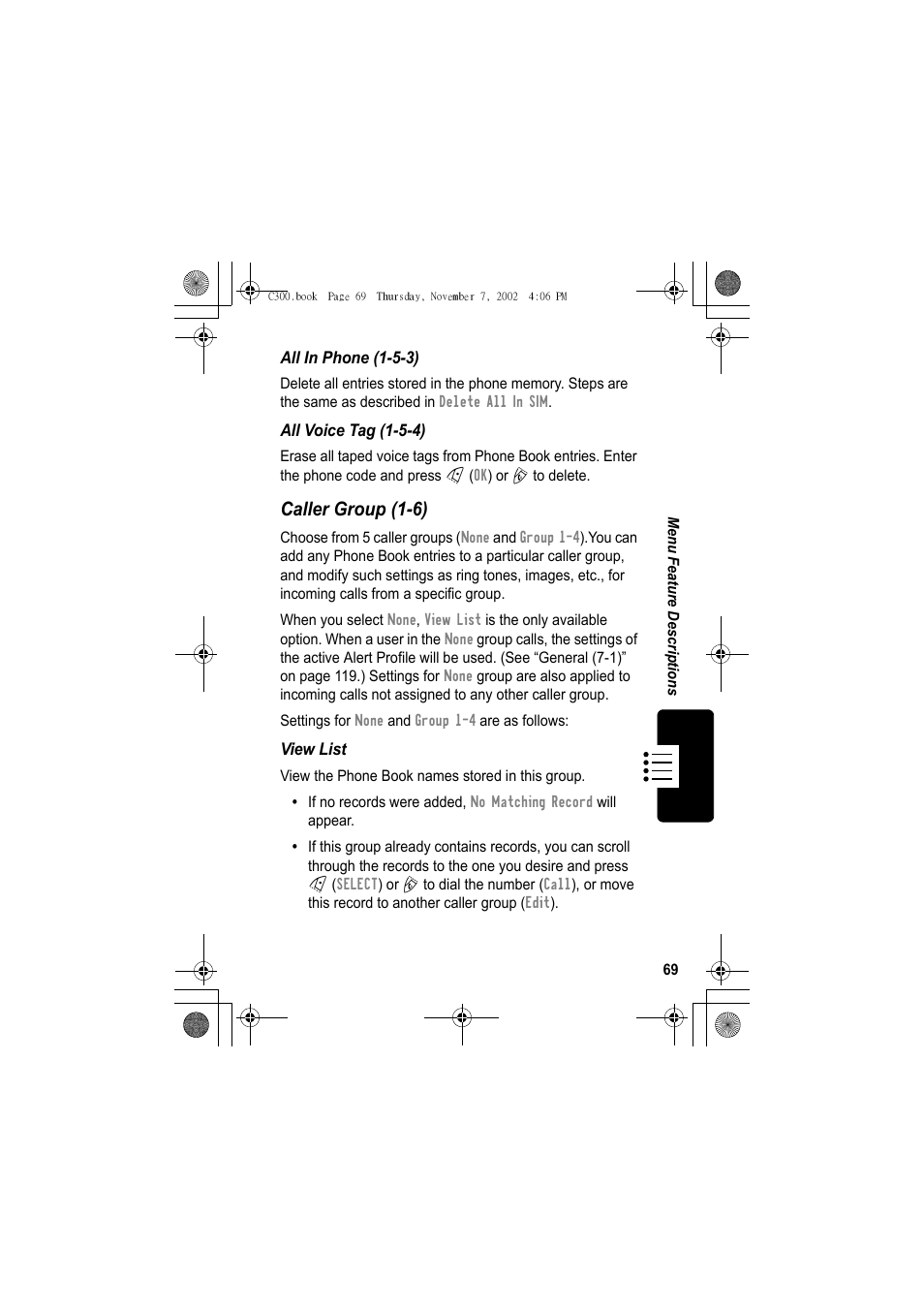 Caller group (1-6) | Motorola C300 User Manual | Page 69 / 140