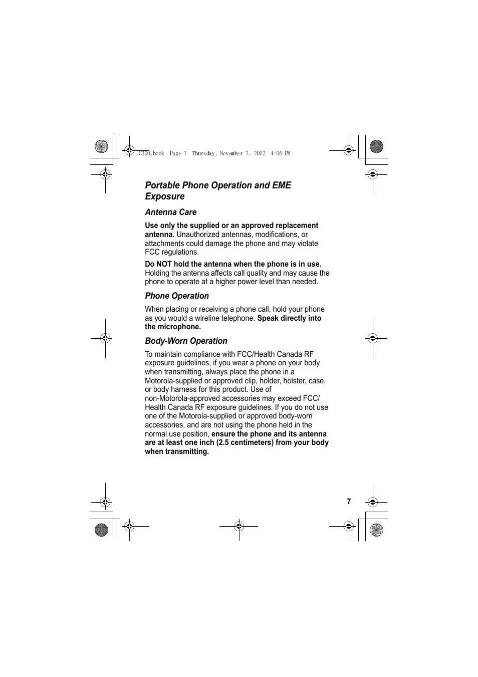 Portable phone operation and eme exposure | Motorola C300 User Manual | Page 7 / 140