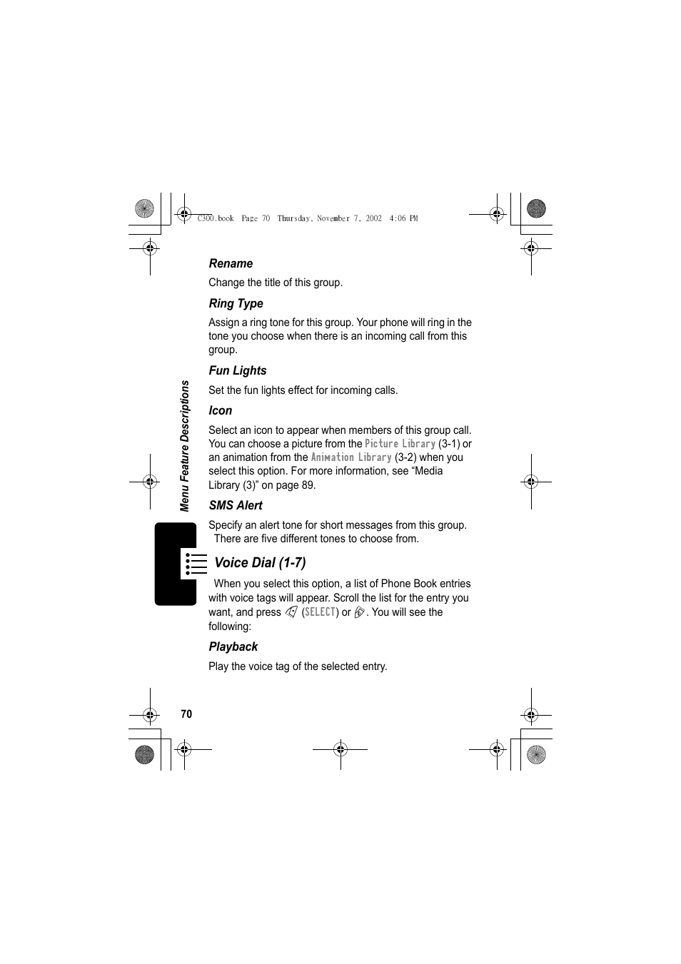 Voice dial (1-7) | Motorola C300 User Manual | Page 70 / 140