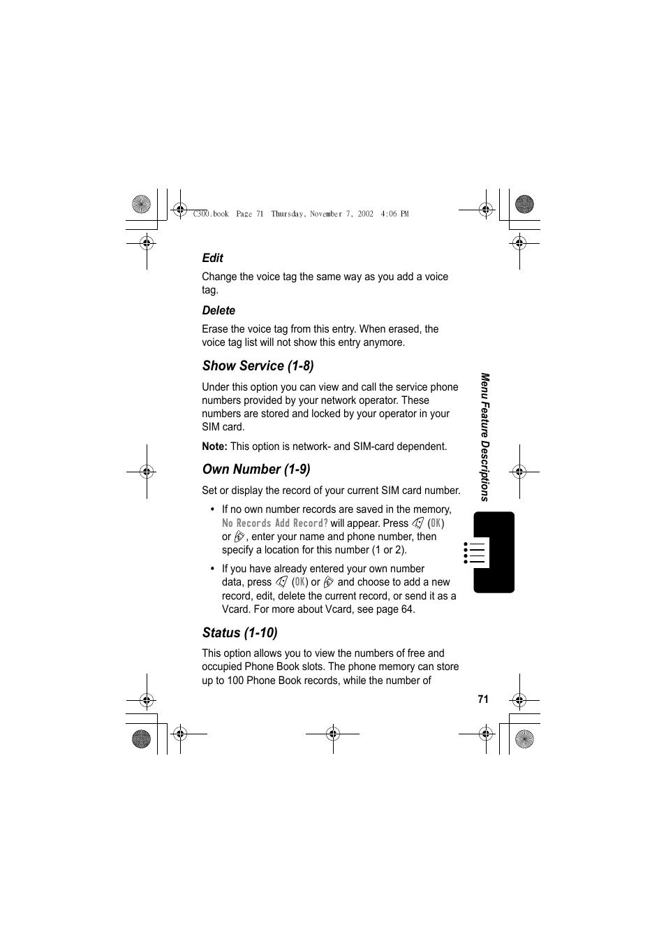 Show service (1-8), Own number (1-9), Status (1-10) | Motorola C300 User Manual | Page 71 / 140