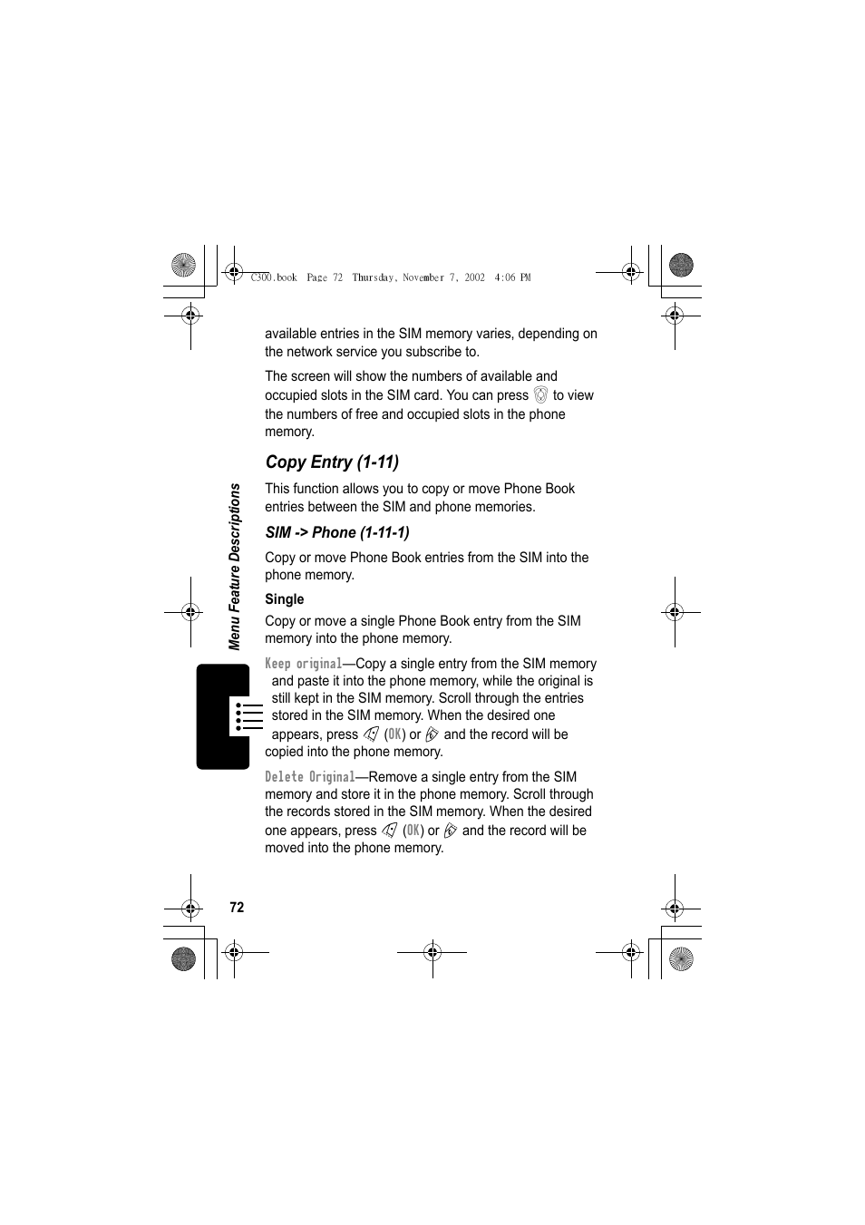 Copy entry (1-11) | Motorola C300 User Manual | Page 72 / 140