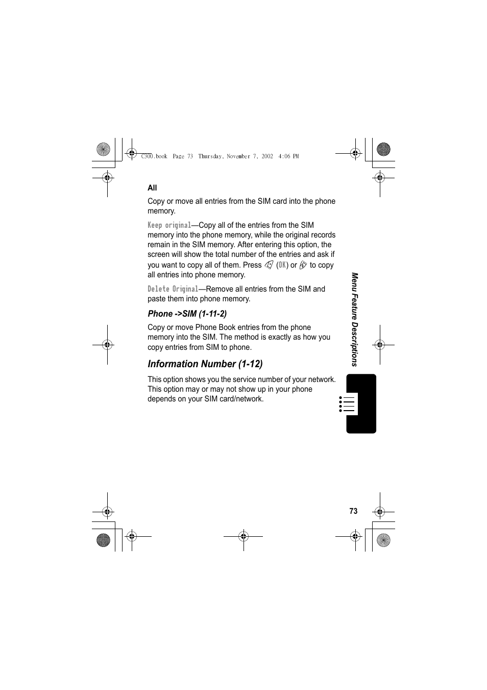 Information number (1-12) | Motorola C300 User Manual | Page 73 / 140