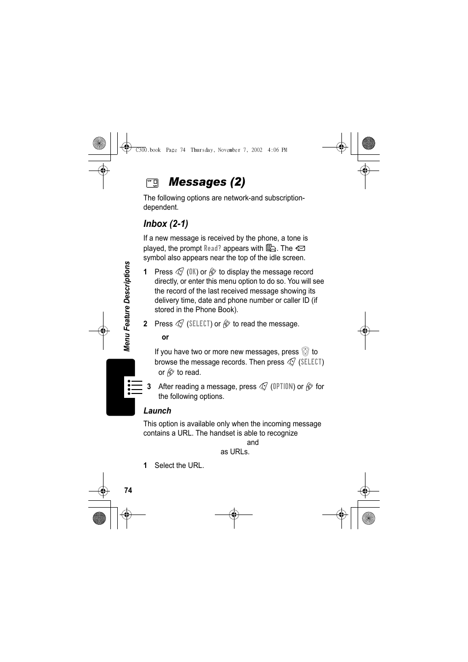 Messages (2), Inbox (2-1) | Motorola C300 User Manual | Page 74 / 140