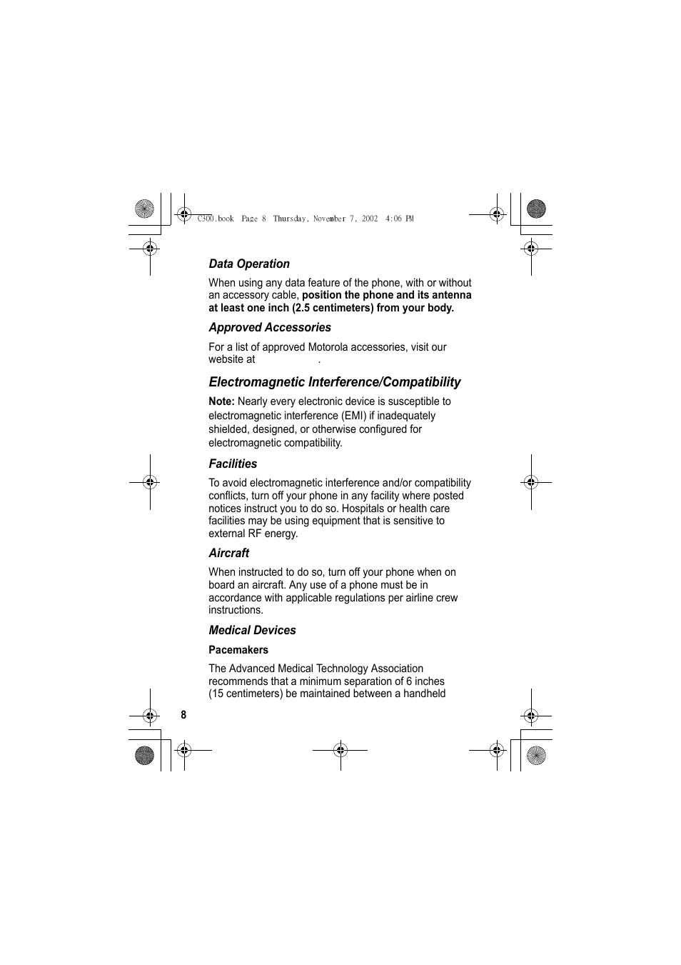 Electromagnetic interference/compatibility | Motorola C300 User Manual | Page 8 / 140