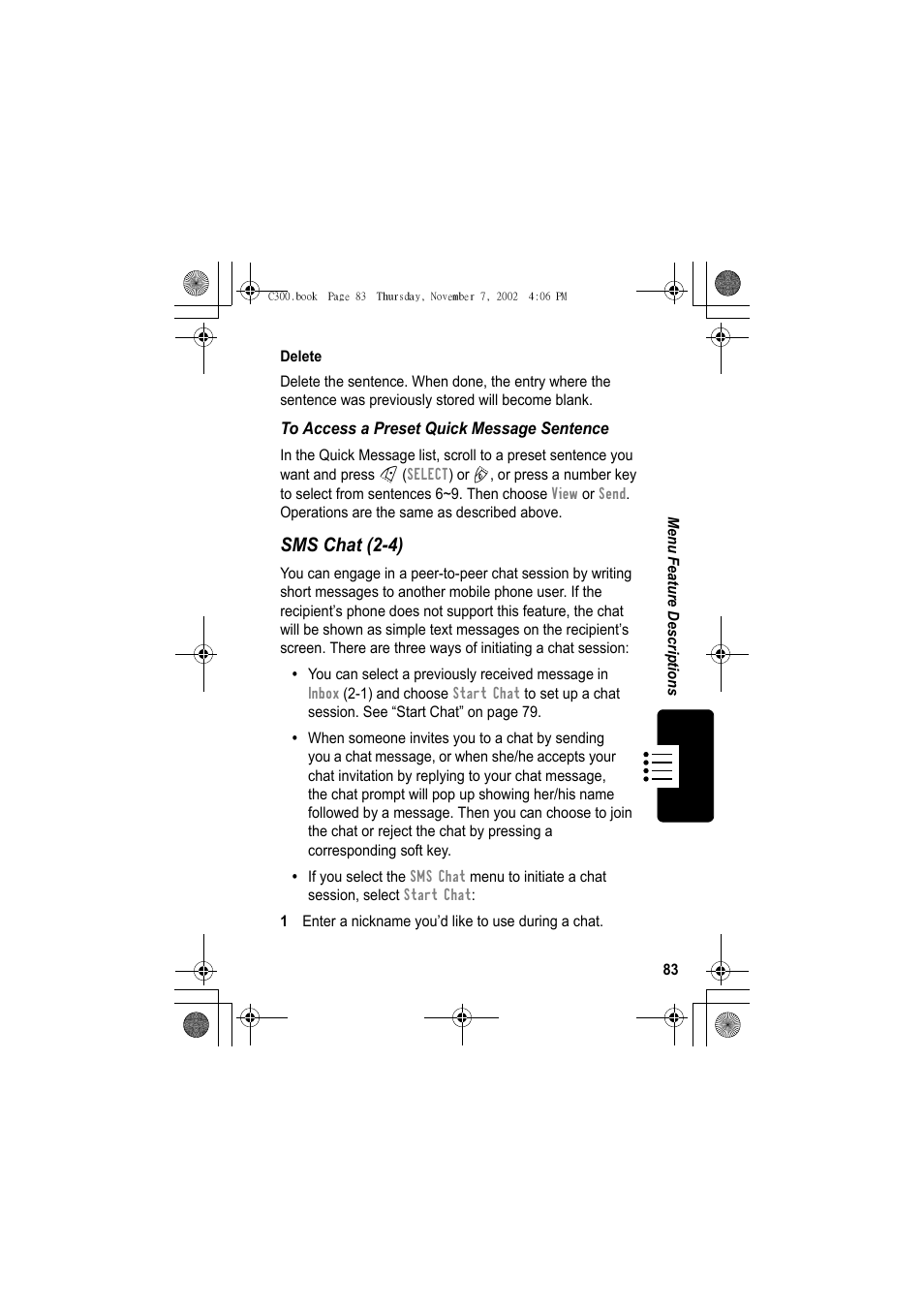 Sms chat (2-4) | Motorola C300 User Manual | Page 83 / 140