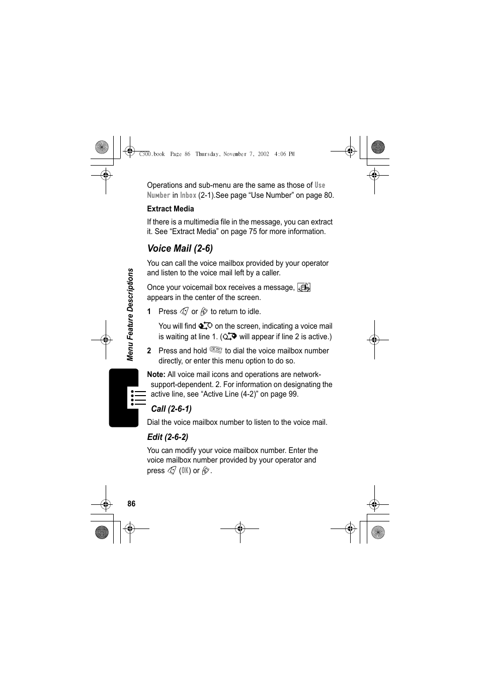 Voice mail (2-6) | Motorola C300 User Manual | Page 86 / 140