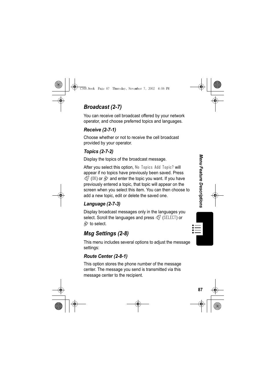 Broadcast (2-7), Msg settings (2-8) | Motorola C300 User Manual | Page 87 / 140
