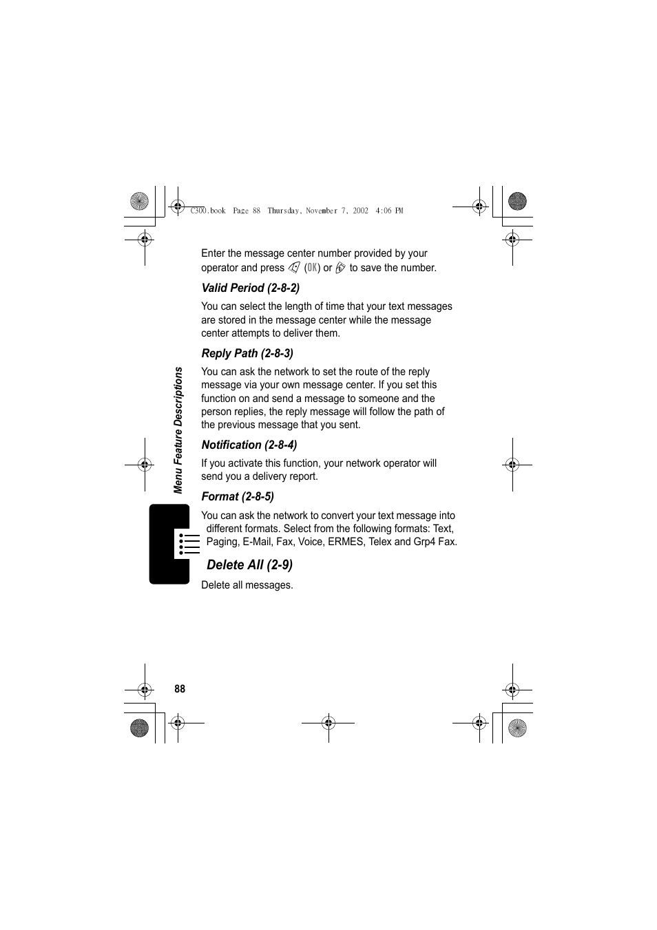 Delete all (2-9) | Motorola C300 User Manual | Page 88 / 140