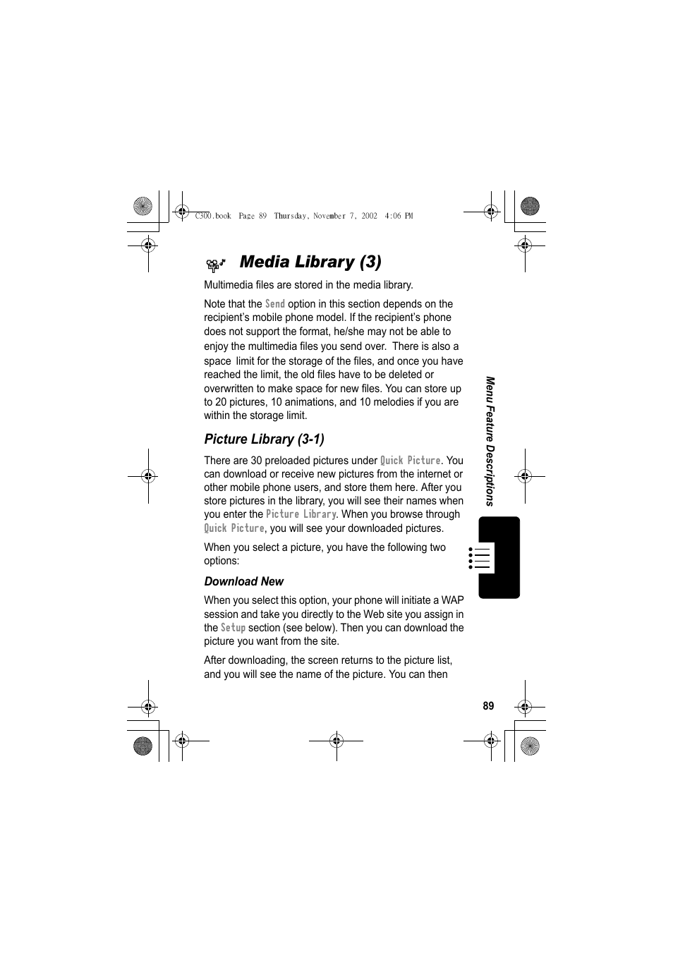 Media library (3), Picture library (3-1) | Motorola C300 User Manual | Page 89 / 140