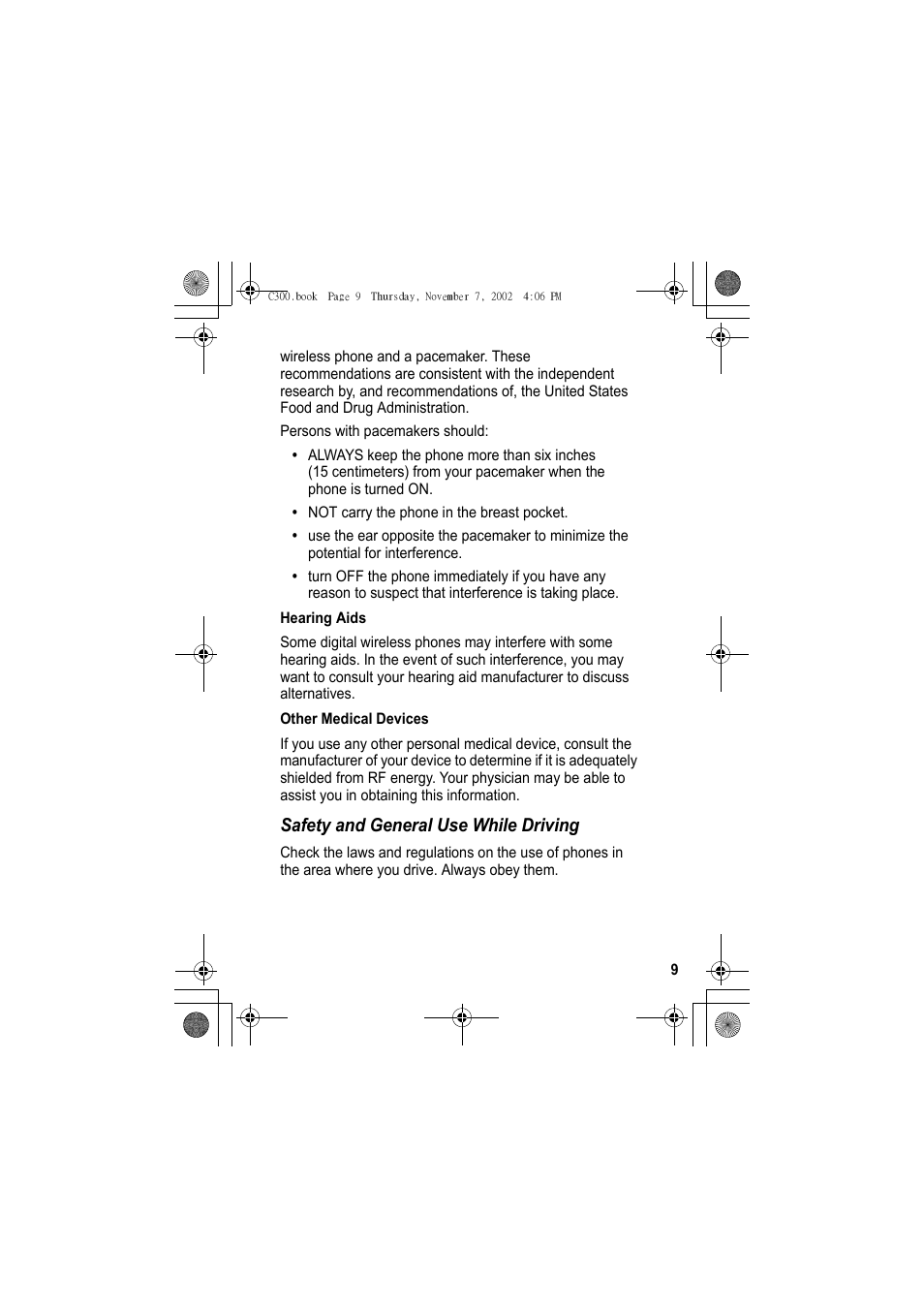 Safety and general use while driving | Motorola C300 User Manual | Page 9 / 140