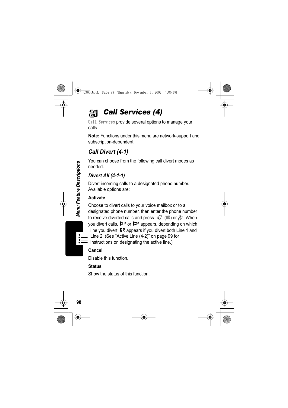 Call services (4), Call divert (4-1) | Motorola C300 User Manual | Page 98 / 140