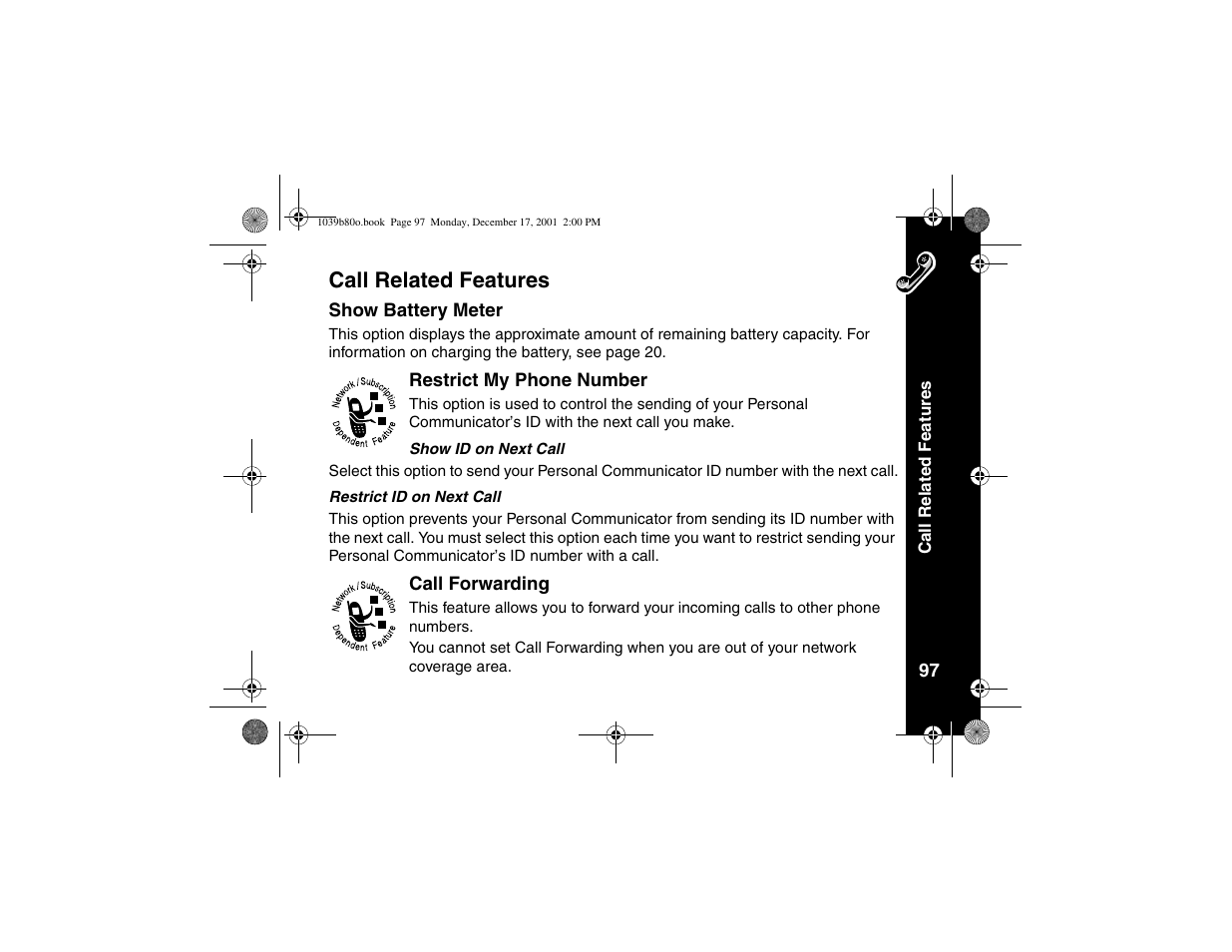 Call related features, Show battery meter, Restrict my phone number | Call forwarding | Motorola V101 User Manual | Page 101 / 178