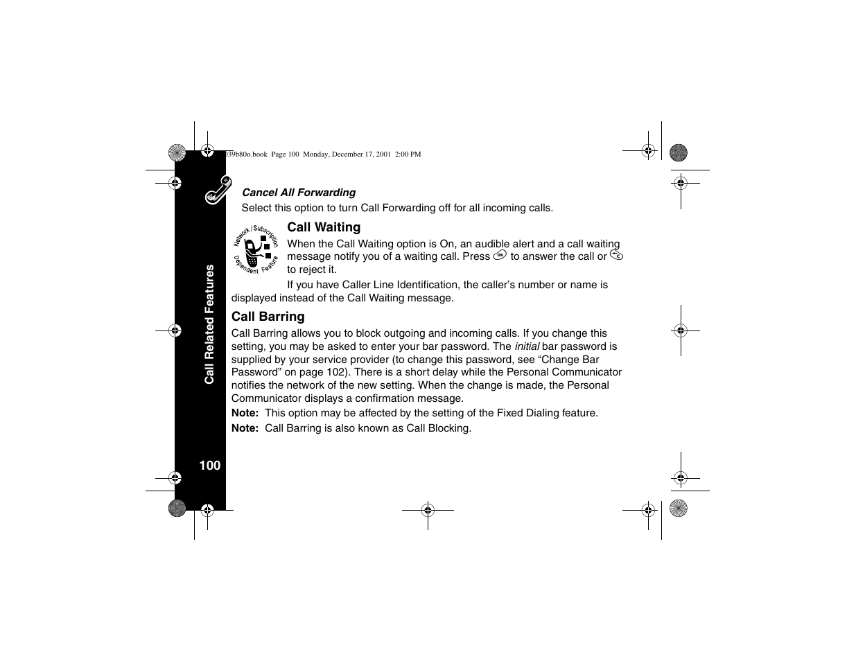 Call waiting, Call barring, Call waiting call barring | Motorola V101 User Manual | Page 104 / 178