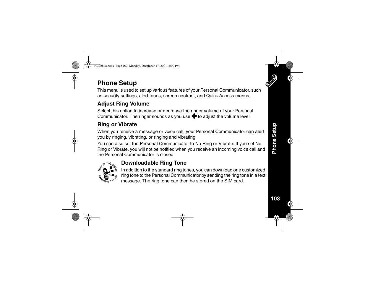 Phone setup, Adjust ring volume, Ring or vibrate | Downloadable ring tone | Motorola V101 User Manual | Page 107 / 178