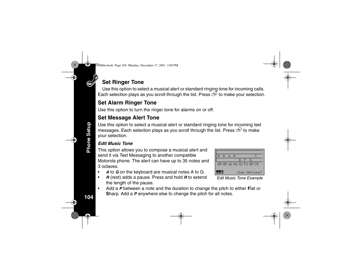 Set ringer tone, Set alarm ringer tone, Set message alert tone | 104 set ringer tone, Ph one setup | Motorola V101 User Manual | Page 108 / 178