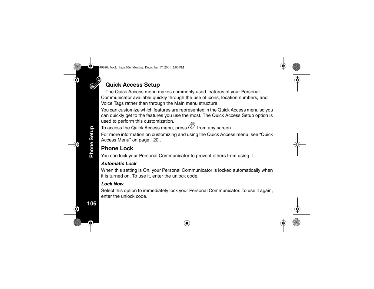 Quick access setup, Phone lock, Quick access setup phone lock | Motorola V101 User Manual | Page 110 / 178