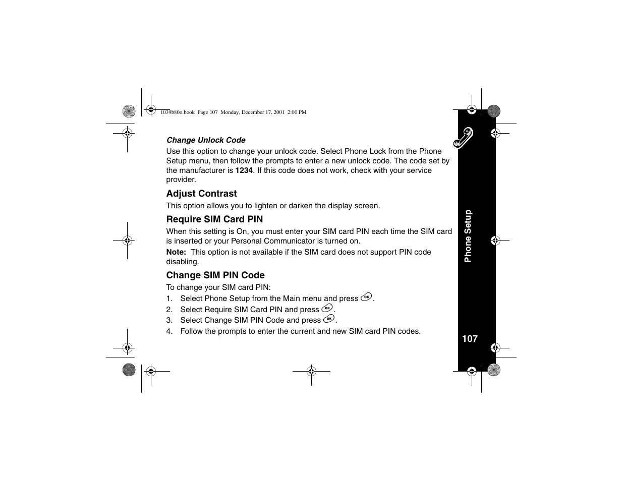 Adjust contrast, Require sim card pin, Change sim pin code | Motorola V101 User Manual | Page 111 / 178