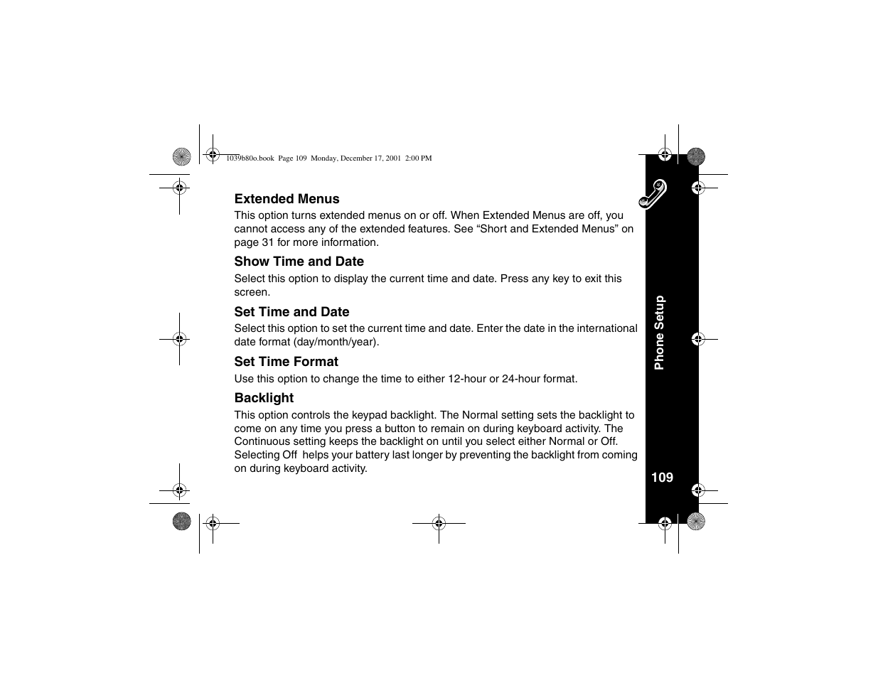 Extended menus, Show time and date, Set time and date | Set time format, Backlight | Motorola V101 User Manual | Page 113 / 178