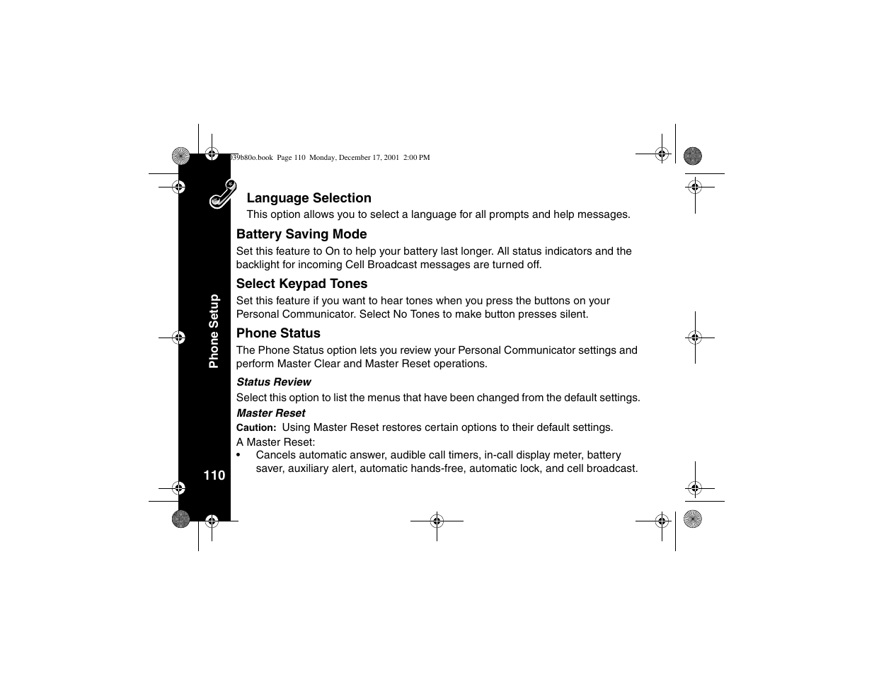 Language selection, Battery saving mode, Select keypad tones | Phone status | Motorola V101 User Manual | Page 114 / 178