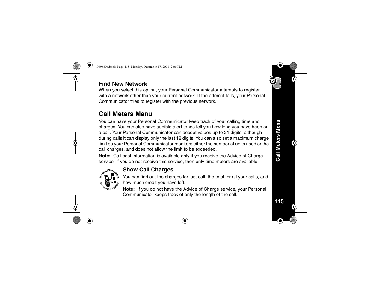 Find new network, Call meters menu, Show call charges | Motorola V101 User Manual | Page 119 / 178