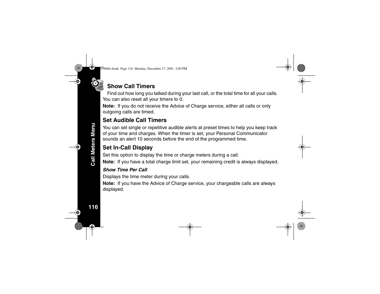 Show call timers, Set audible call timers, Set in-call display | Motorola V101 User Manual | Page 120 / 178