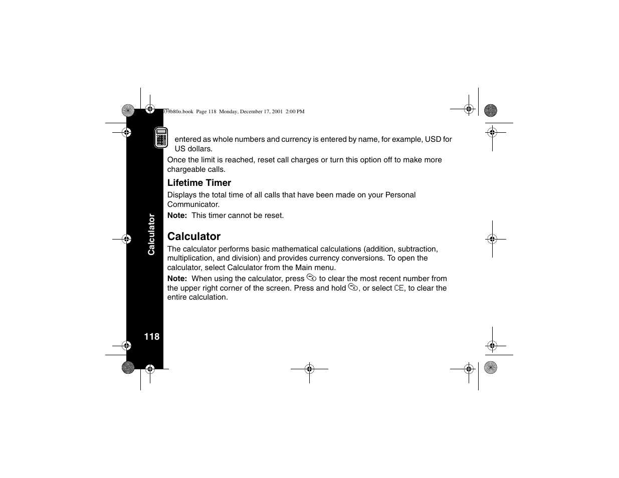 Lifetime timer, Calculator | Motorola V101 User Manual | Page 122 / 178