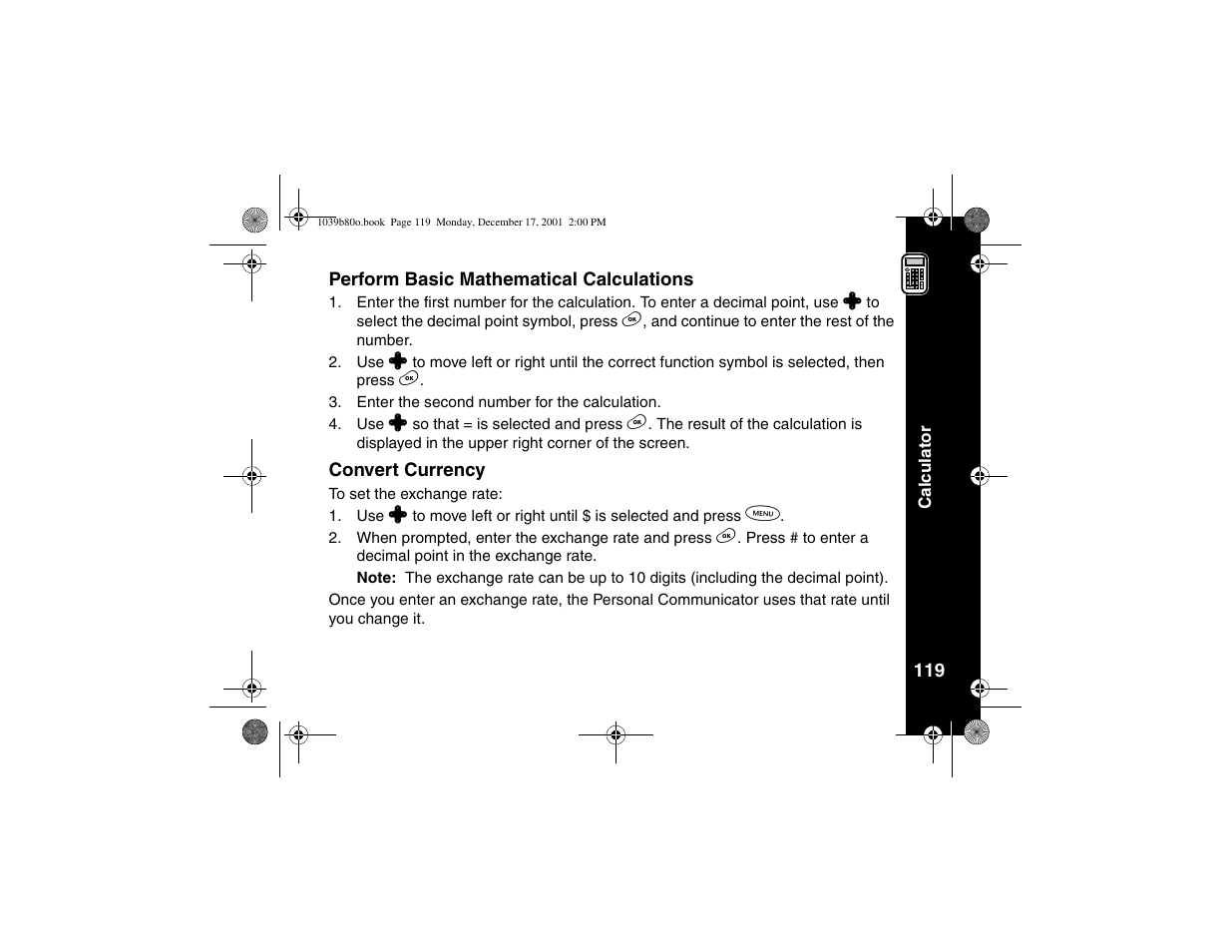 Perform basic mathematical calculations, Convert currency, Perform basic mathematical | Calculations | Motorola V101 User Manual | Page 123 / 178