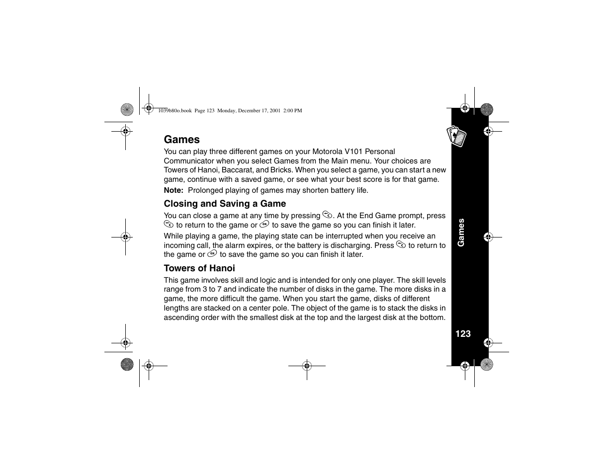 Games, Closing and saving a game, Towers of hanoi | Closing and saving a game towers of hanoi | Motorola V101 User Manual | Page 127 / 178